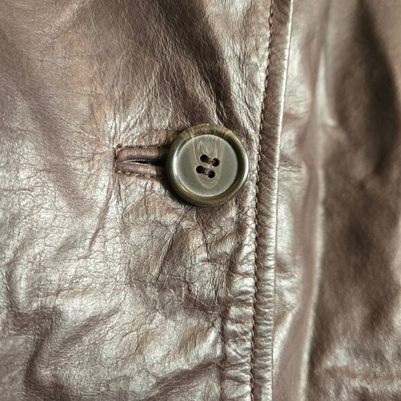 Vintage Chocolate Brown Leather Jacket Notched Lapel Button Front Coat S Classic - Picture 4 of 15